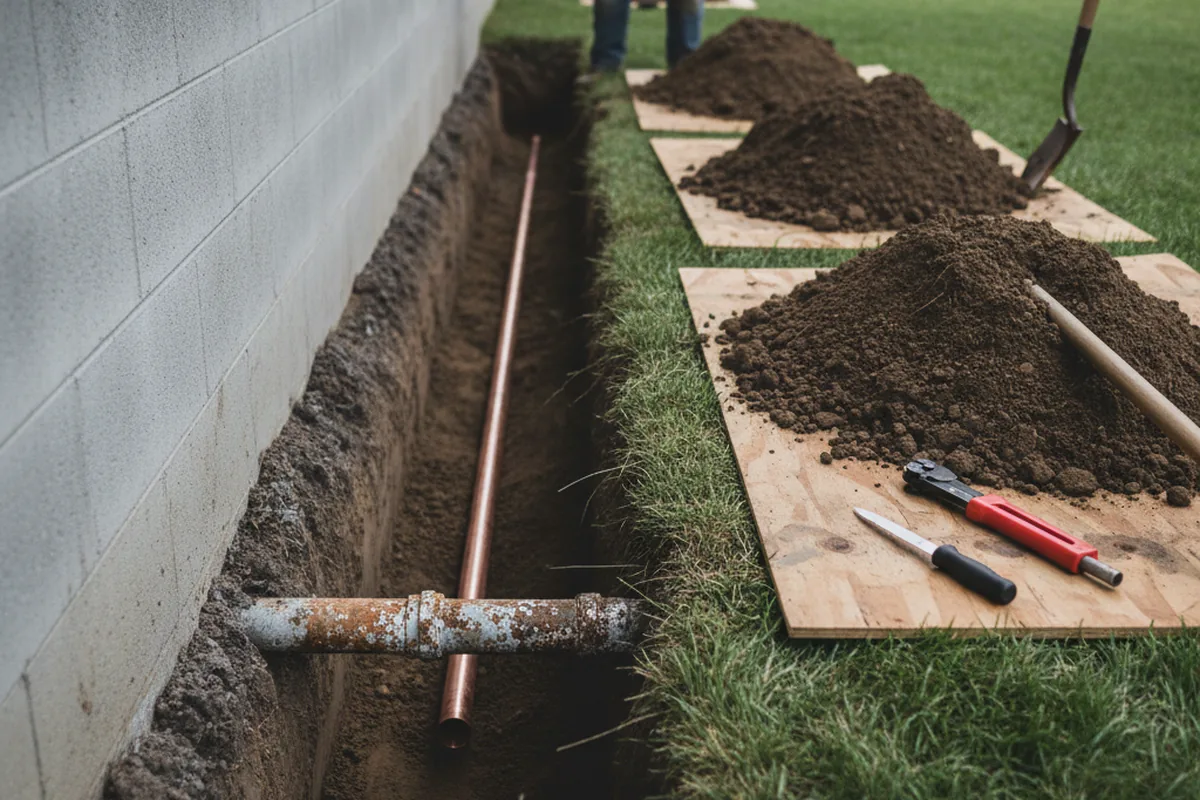 Excavated water line trench during Sewer Line Repair in Collinsville